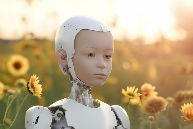 Концепция человека, похожего на ребенка-робота, на летнем поле подсолнухов, созданный искусственным интеллектом суперреалистичный солнечный свет