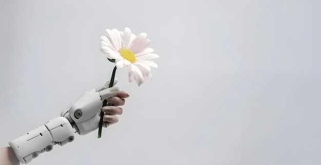 Human like Robot holding single daisy flower on white background copy space AI generated