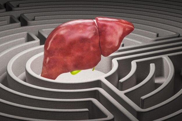 Photo human liver organ in the labyrinth maze 3d rendering