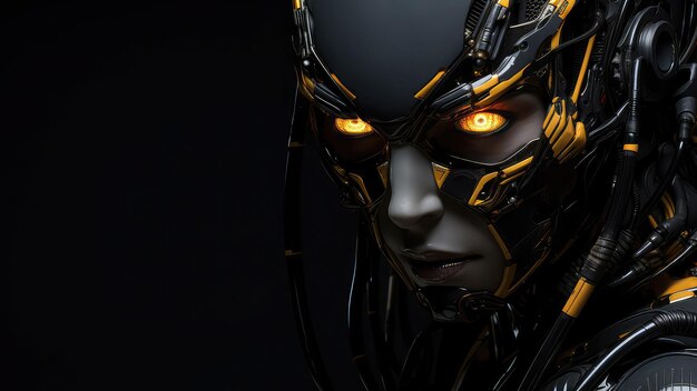 Human looking robot cyborg face dark background