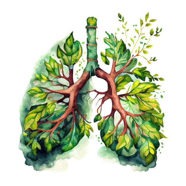 Human lung made of leaves Watercolor illustration