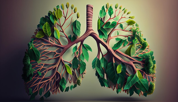 Human lungs are made from tree branches with leaves concept of Organic Form and Metaphor Earth Day the importance of loving nature