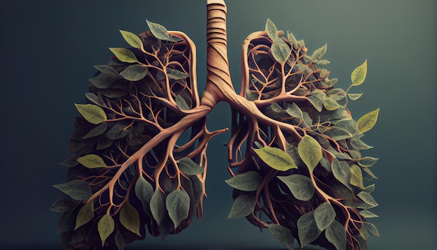 Human lungs are made from tree branches with leaves concept of Organic Form and Metaphor Earth Day the importance of loving nature