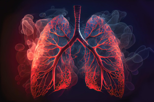 인간의 폐는 검정색 배경에 빨간색입니다. 폐 질환과 염증은 흡연의 피해입니다.