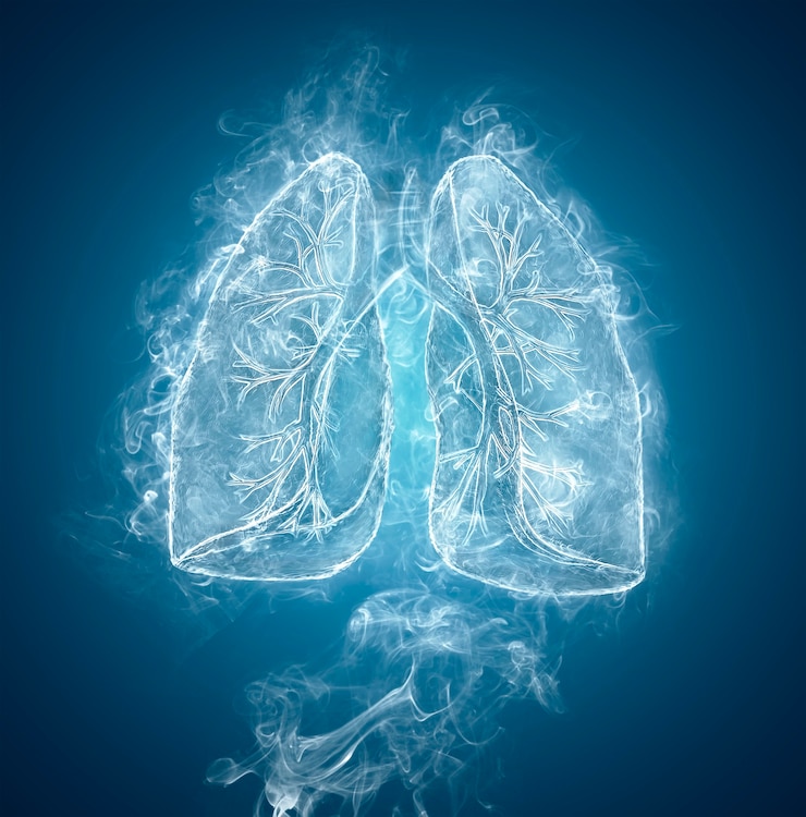 Photo human lungs and bronchi made of smoke on blue background.