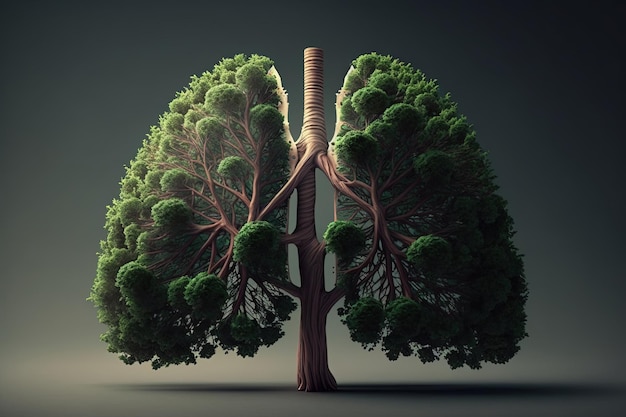 Human lungs from fresh green leaves of plants and herbs on a dark background AI generated