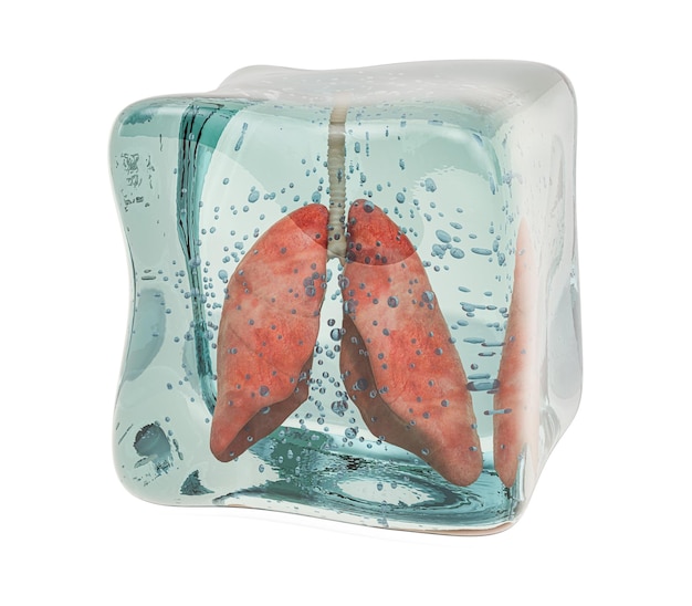 Human lungs frozen in ice cube 3D rendering