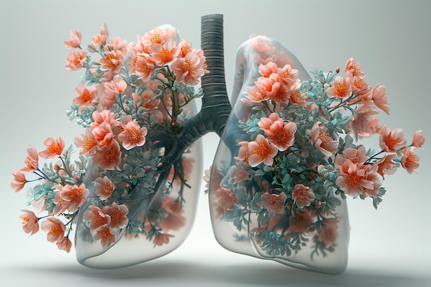 사진 다양한 꽃과 식물로 복잡하게 구성된 인간의 폐: 인간 생명과 자연 사이의 균형