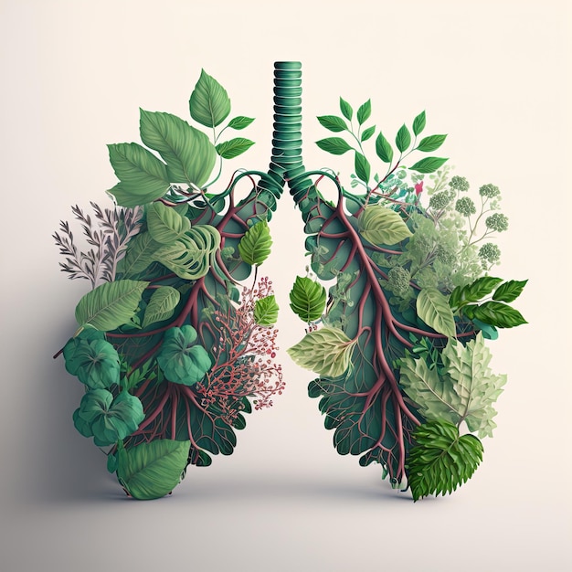 Human lungs made of tree green leaves and roots Ecological product design