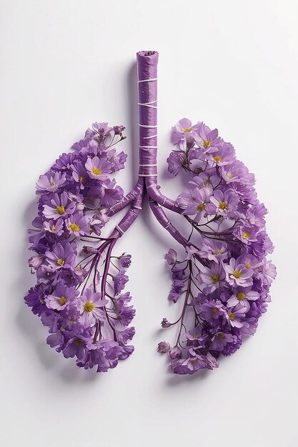 Photo human lungs made with purple field flowers on white background minimal coronavirus or pneumonia concep