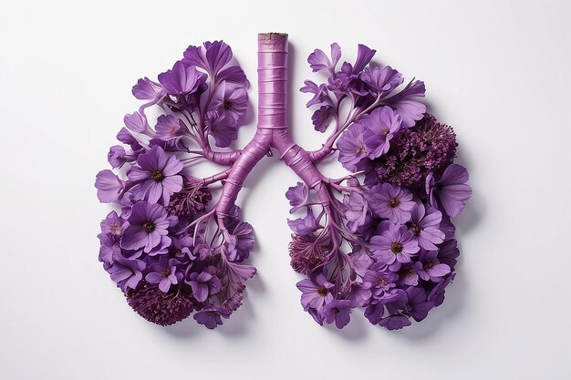 Photo human lungs made with purple field flowers on white background minimal coronavirus or pneumonia concep