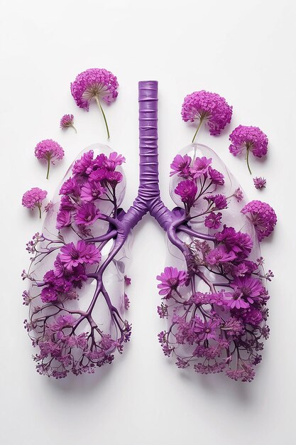 Photo human lungs made with purple field flowers on white background minimal coronavirus or pneumonia concep