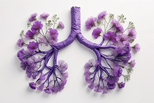 Human lungs made with purple field flowers on white background Minimal coronavirus or pneumonia concep