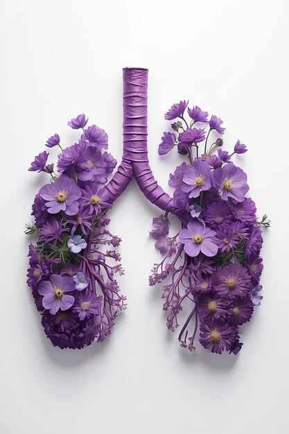 Human lungs made with purple field flowers on white background Minimal coronavirus or pneumonia concep