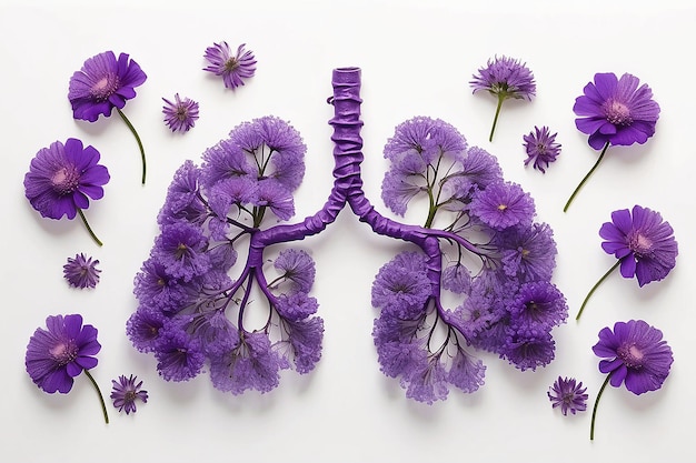 Photo human lungs made with purple field flowers on white background minimal coronavirus or pneumonia concep