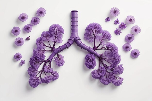 Photo human lungs made with purple field flowers on white background minimal coronavirus or pneumonia concep