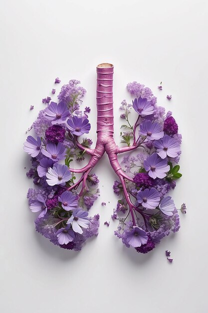 Photo human lungs made with purple field flowers on white background minimal coronavirus or pneumonia concep