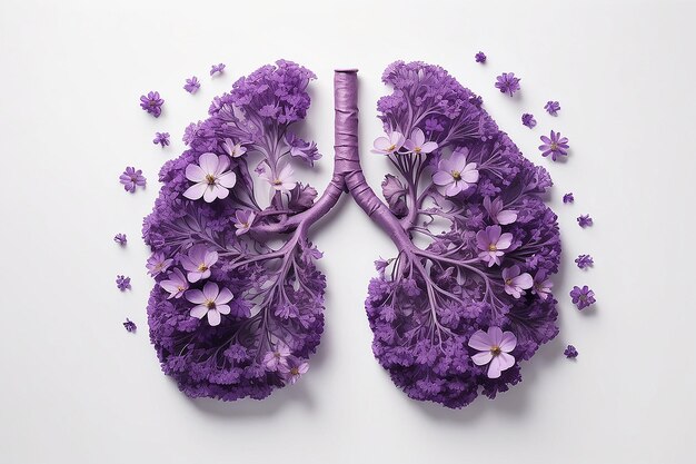 Photo human lungs made with purple field flowers on white background minimal coronavirus or pneumonia concep