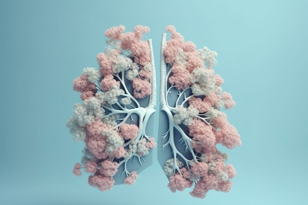 파란색 배경 3d 렌더링 및 그림에 꽃 파스텔 색상이 있는 인간의 폐는 ai를 생성합니다.