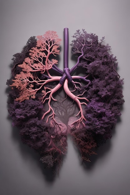 Human lungs with veins 3D illustration horizontal over grey background