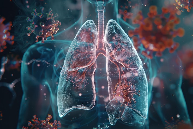写真 人間の肺とウイルスの3dイラスト ウイルスとの戦いの概念