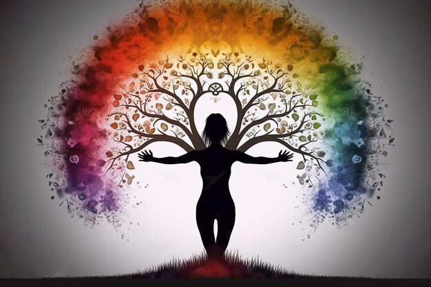 Human meditating merging with nature large tree in background radical colors contour white background