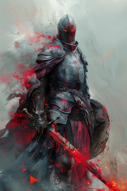 A human necromancer with necrotic skin and crimson eerie eyes weidling a sword and shield