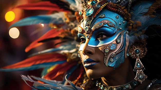 Human in a painted colorful carnival mask