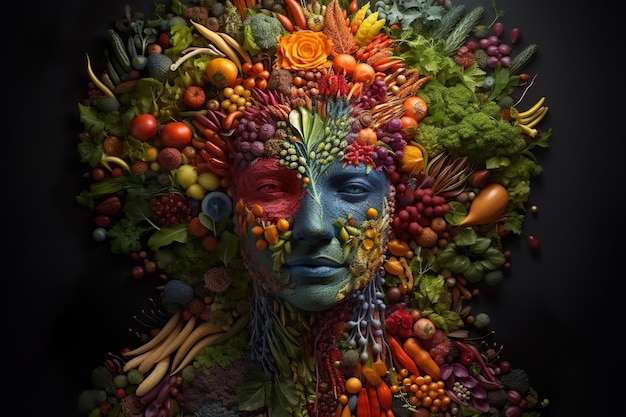 Human portrait made by fruits and vegetables healthy organic food with nutrients and vitamins necess