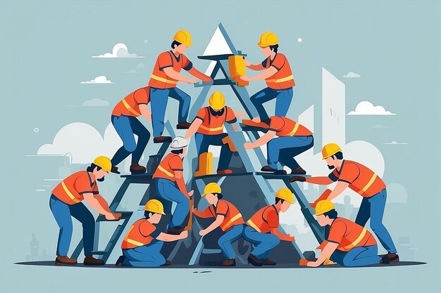 Human Pyramid Builders Team of Construction Workers Symbolizing Strength and Support Flat Style Vector Illustration