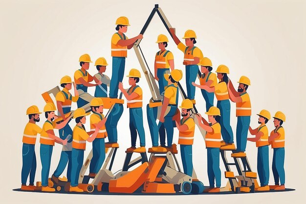 Human Pyramid Builders Team of Construction Workers Symbolizing Strength and Support Flat Style Vector Illustration