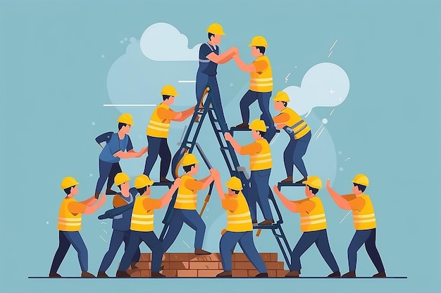 Human Pyramid Builders Team of Construction Workers Symbolizing Strength and Support Flat Style Vector Illustration