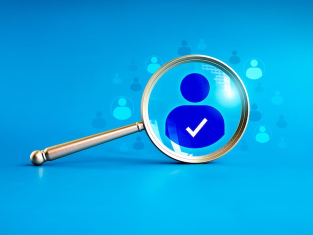 Human resource hiring selection recruitment CRM right people and unique concepts Business person icon with checkmark the chosen one person from the crowd in magnifying lens on blue background