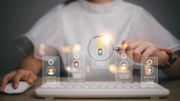 human resources hr management recruitment employment headhunting concept human resources uses computers to search and select job applicants the process of selecting people to join the work of hr