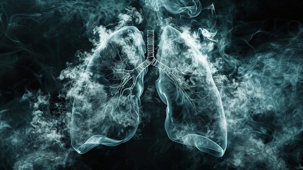 Human respiratory system with trachea and lungs in smoke