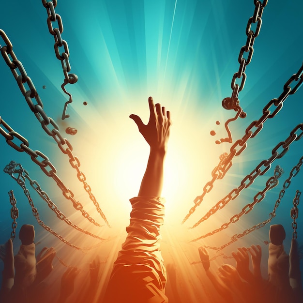 Human rights day illustration with raised hand breaks the chain Generative AI