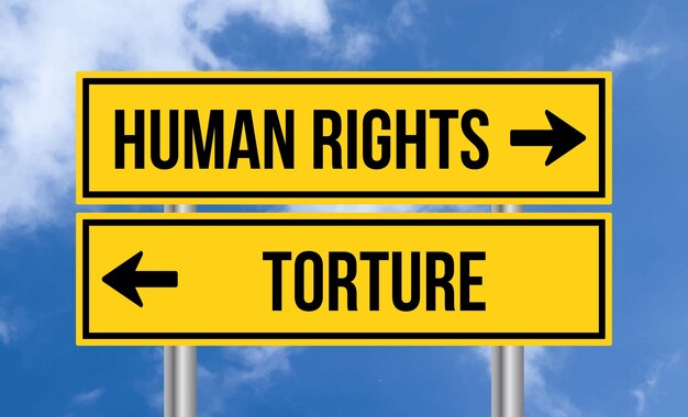 Human rights or torture road sign on blue sky background