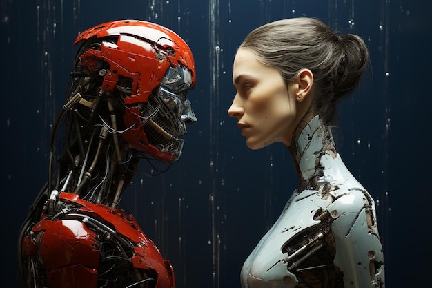 человек и робот-киборг против друг друга Концепция искусственного интеллекта