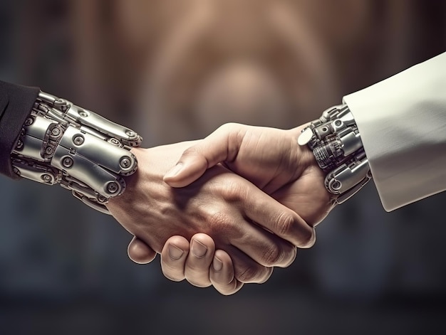 Человек и робот пожимают руки и будущее уместно для будущих рабочих мест индустрии искусственного интеллекта макет дизайна