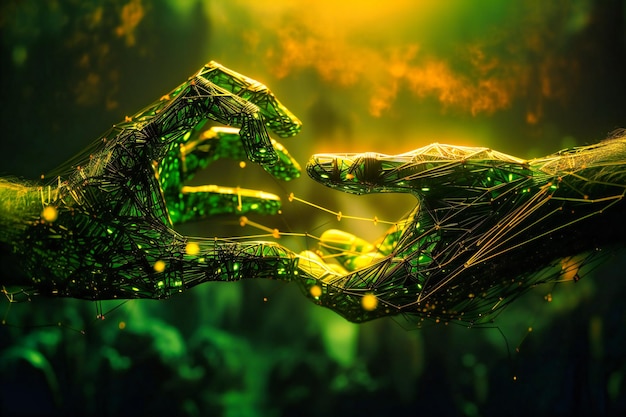 인간과 로봇 손은 첨단 기술 파트너십을 보여주는 생생한 녹색 및 노란색 빅 데이터 네트워크를 통해 통합됩니다.