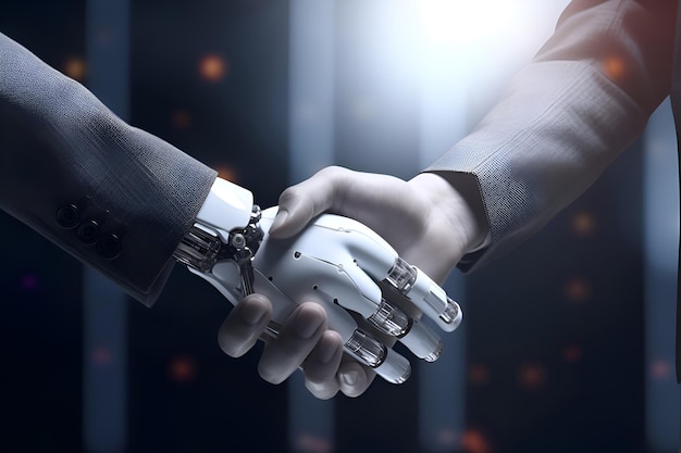 Human and robot handshake futurism Generative AI 2