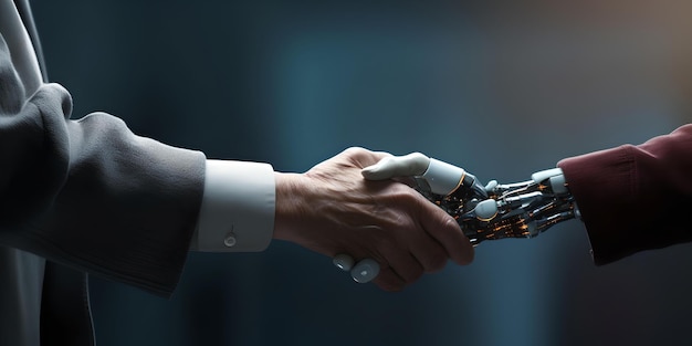 AI コラボレーションを表す人間とロボットのハンドシェイク現代技術と伝統が出会う未来のコンセプト AI