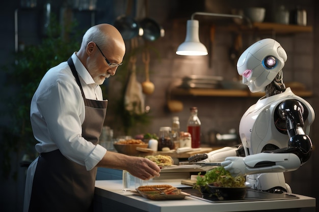 인간 로봇이 주방에서 요리를 도와줍니다.