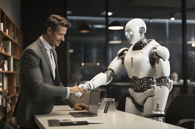 Human and robot shaking hands Robot and human collaboration artificial intelligence digital transfor