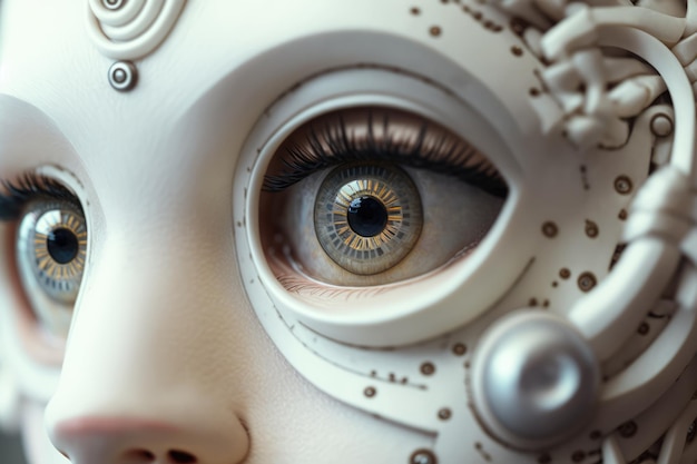 생성 인공 지능 기술을 사용하여 만든 흰색 로봇 부품과 분홍색 눈을 가진 인간 로봇