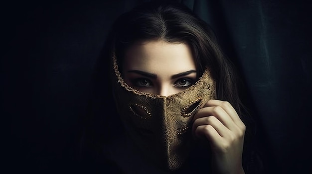 Photo human roles hypocrisy mental disorders woman cover face with mask generative ai