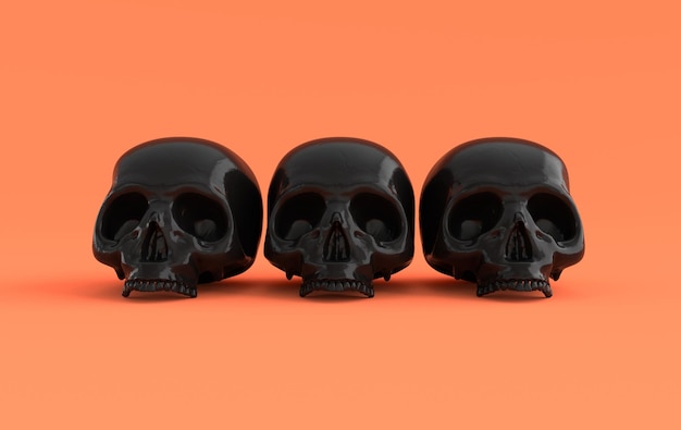 Human scull 3d rendering black death'shead, scary halloween dead skeleton head symbol