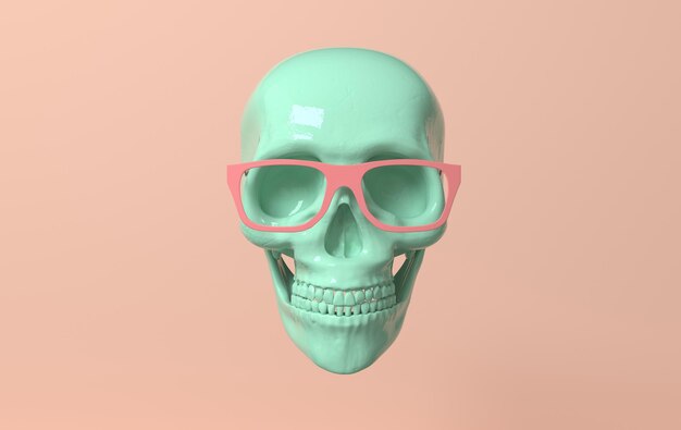 인간의 scull 3d 렌더링 분홍색 배경에 안경에 녹색 죽음의 머리