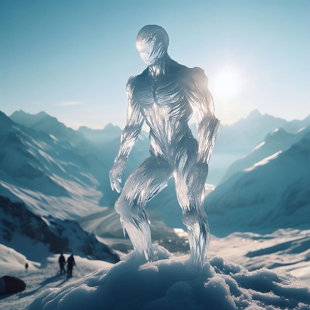 흐릿 한 산 의 배경 에 얼음 으로 만든 인간 조각