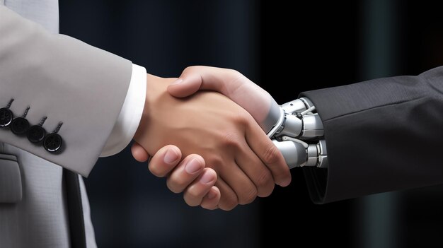 Photo human shaking hands with robot